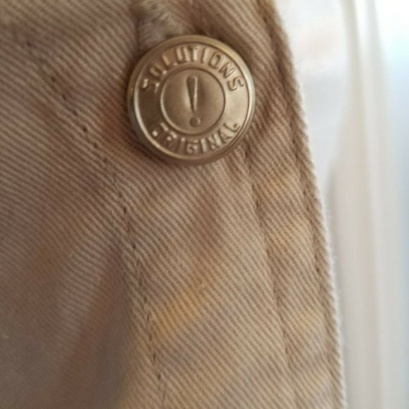 Vintage 90s Khaki Pinafore Mini Dress Button Front Neutral Cotton Pockets Medium - Picture 3 of 6